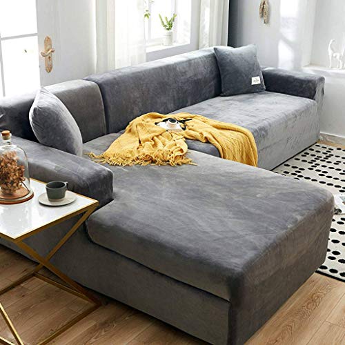 HKPLDE Dicke Sofabezüge 1 2 3 Sitz Samt L-Form Sofa Schonbezug Easy Fit Stretch Elastische Stoff Sofa Couch Möbel Protector-3 sitzer+4 sitzer-Hellgrau von HKPLDE
