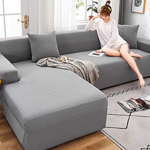 HKPLDE Strecken Sofabezug Für 5 Sitzer Elastische Polyester Spandex Couchbezüge - Einbau Sofa Schonbezug Möbelschutz-5 sitzer(305-360cm)-Hellgrau von HKPLDE