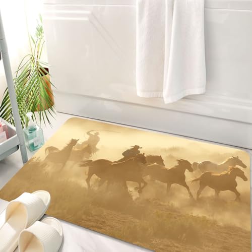 HKPOEQ Badematte Weiche Badteppich rutschfest Badzimmermatte Teppich Badezimmerteppich Duschmatte & Schlafzimmer, Western, Galoppierende Pferde in der Wüste Zwei Cowboys Lassojagd Dusty Wild,50x80 cm von HKPOEQ