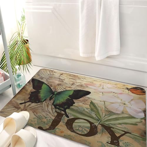HKPOEQ Badematte Weiche Badteppich rutschfest Badzimmermatte Teppich Badezimmerteppich Duschmatte & Schlafzimmer,Abstract Grunge Hintergrund mit grünem Schmetterling und Blumen,50x80 cm von HKPOEQ