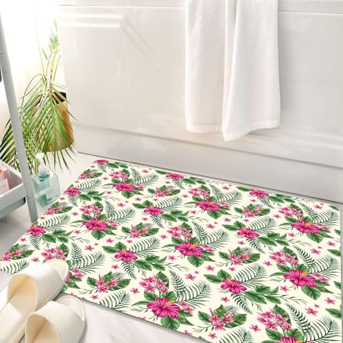 HKPOEQ Badematte Weiche Badteppich rutschfest Badzimmermatte Teppich Badezimmerteppich Duschmatte & Schlafzimmer,Aquarell, Plumeria und Hibiskus Flora Tropische l Natur Aloha Hawaii Dschunge,50x80 cm von HKPOEQ