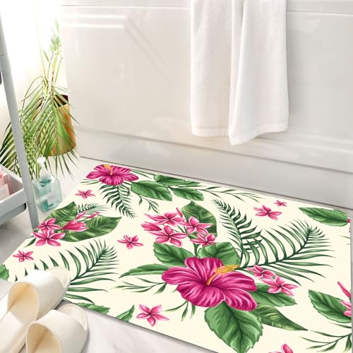 HKPOEQ Badematte Weiche Badteppich rutschfest Badzimmermatte Teppich Badezimmerteppich Duschmatte & Schlafzimmer,Aquarell, Plumeria und Hibiskus Flora Tropische l Natur Aloha Hawaii Dschunge,50x80 cm von HKPOEQ