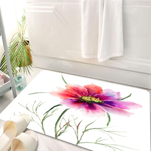 HKPOEQ Badematte Weiche Badteppich rutschfest Badzimmermatte Teppich Badezimmerteppich Duschmatte & Schlafzimmer,Aquarell, schöne zweifarbige Blume Blüte Natur Frühling Wiederbelebung des Le,50x80 cm von HKPOEQ