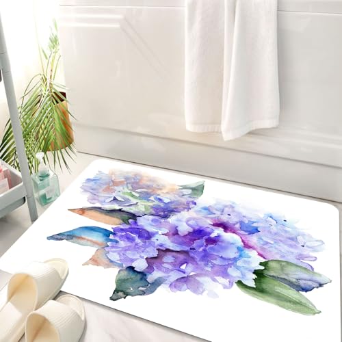 HKPOEQ Badematte Weiche Badteppich rutschfest Badzimmermatte Teppich Badezimmerteppich Duschmatte & Schlafzimmer,Aquarell, zarte Hortensienblüten blühen botanische Anordnung Mi,50x80 cm von HKPOEQ