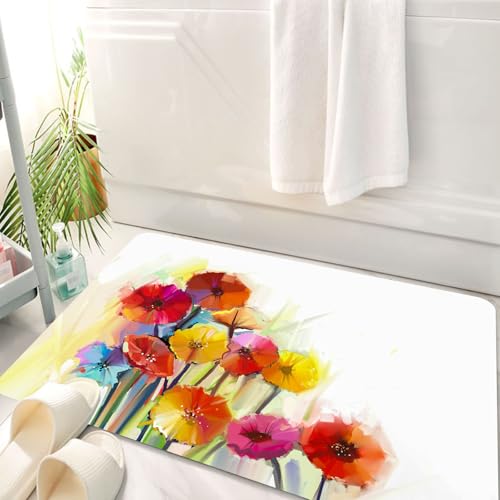 HKPOEQ Badematte Weiche Badteppich rutschfest Badzimmermatte Teppich Badezimmerteppich Duschmatte & Schlafzimmer,Aquarell Blume, Gerbera Blumensträuße Romantik Eleganz Duft Blo,50x80 cm von HKPOEQ