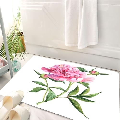 HKPOEQ Badematte Weiche Badteppich rutschfest Badzimmermatte Teppich Badezimmerteppich Duschmatte & Schlafzimmer,Aquarell Blume, Vintage Pfingstrose Malerei botanische früh,50x80 cm von HKPOEQ