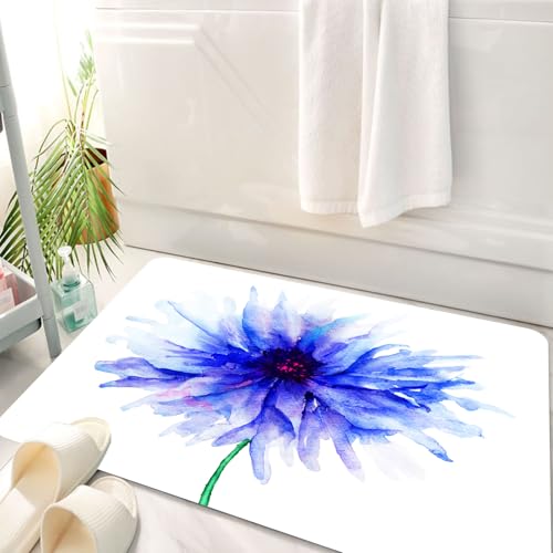 HKPOEQ Badematte Weiche Badteppich rutschfest Badzimmermatte Teppich Badezimmerteppich Duschmatte & Schlafzimmer,Aquarell Blume, einzelne große zierliche Kornblume verblasst zu nor,50x80 cm von HKPOEQ