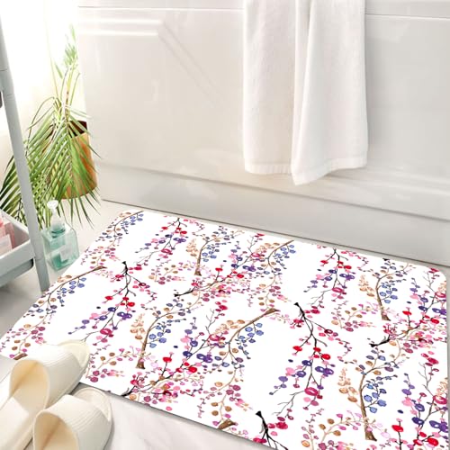 HKPOEQ Badematte Weiche Badteppich rutschfest Badzimmermatte Teppich Badezimmerteppich Duschmatte & Schlafzimmer,Aquarell Blume Zweig Blüte Schöne Bunte,50x80 cm von HKPOEQ