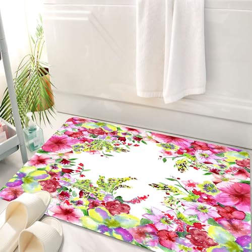 HKPOEQ Badematte Weiche Badteppich rutschfest Badzimmermatte Teppich Badezimmerteppich Duschmatte & Schlafzimmer,Aquarell-Blumendekor, frische, lockige Weiden- und Dahlie-Blumen-Sommerknospe,50x80 cm von HKPOEQ