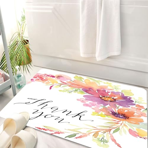 HKPOEQ Badematte Weiche Badteppich rutschfest Badzimmermatte Teppich Badezimmerteppich Duschmatte & Schlafzimmer,Aquarell-Blumenkunst, EIN Strauß bunter Blumen mit der Botschaft „Danke“.,50x80 cm von HKPOEQ