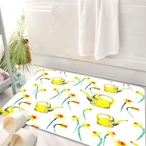 HKPOEQ Badematte Weiche Badteppich rutschfest Badzimmermatte Teppich Badezimmerteppich Duschmatte & Schlafzimmer,Aquarell Frühling Blumen Narzissenmuster,50x80 cm von HKPOEQ