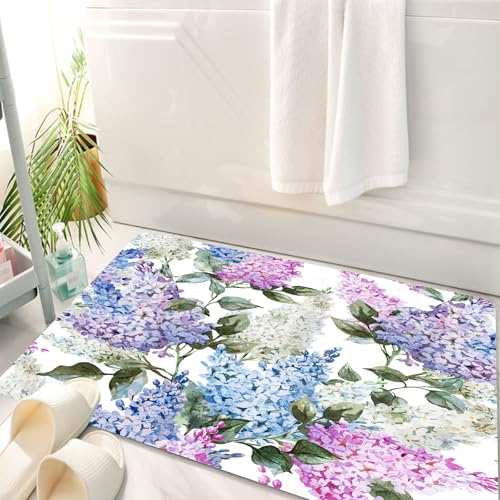 HKPOEQ Badematte Weiche Badteppich rutschfest Badzimmermatte Teppich Badezimmerteppich Duschmatte & Schlafzimmer,Aquarell-Wiederholungsdesign aus blauen, violetten, rosa und weißen Fliederbl,50x80 cm von HKPOEQ