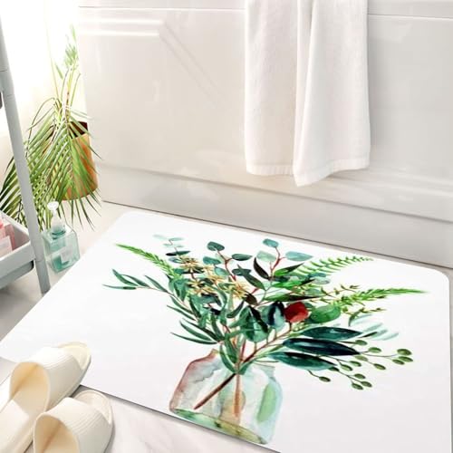HKPOEQ Badematte Weiche Badteppich rutschfest Badzimmermatte Teppich Badezimmerteppich Duschmatte & Schlafzimmer,Aquarell gemalten grünen Blumenstrauß, EIN Glas gefüllt mit üppigen Eukalyptu,50x80 cm von HKPOEQ