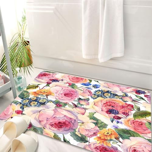 HKPOEQ Badematte Weiche Badteppich rutschfest Badzimmermatte Teppich Badezimmerteppich Duschmatte & Schlafzimmer,Aquarell von Rosen, Beeren und Wildblumen, B üppige Rose mit gemischten Blume,50x80 cm von HKPOEQ