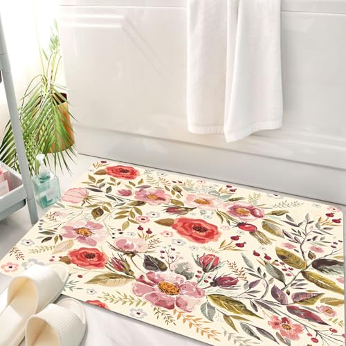 HKPOEQ Badematte Weiche Badteppich rutschfest Badzimmermatte Teppich Badezimmerteppich Duschmatte & Schlafzimmer,Aquarellfarbe Vintage Blumen Urlaub Romantische Blumen Muster,50x80 cm von HKPOEQ