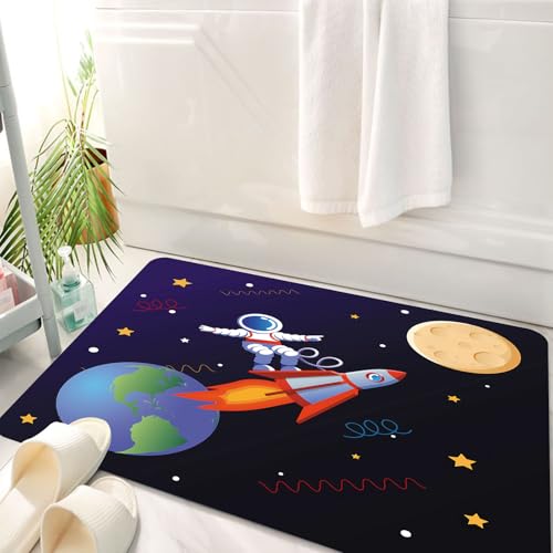 HKPOEQ Badematte Weiche Badteppich rutschfest Badzimmermatte Teppich Badezimmerteppich Duschmatte & Schlafzimmer,Astronaut Surft mit Einer Rakete in der Galaxie. Vorlage mit Planeten Erde, M,50x80 cm von HKPOEQ