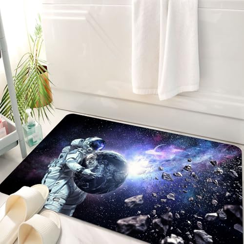 HKPOEQ Badematte Weiche Badteppich rutschfest Badzimmermatte Teppich Badezimmerteppich Duschmatte & Schlafzimmer,Astronauten umarmen die Erde, Nebel und Asteroiden in der kosmischen Landscha,50x80 cm von HKPOEQ