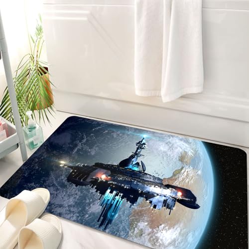 HKPOEQ Badematte Weiche Badteppich rutschfest Badzimmermatte Teppich Badezimmerteppich Duschmatte & Schlafzimmer,Außerirdisches Mutterschiff in der Nähe der Erde für futuristische Fantasy- o,50x80 cm von HKPOEQ