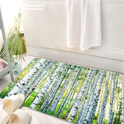 HKPOEQ Badematte Weiche Badteppich rutschfest Badzimmermatte Teppich Badezimmerteppich Duschmatte & Schlafzimmer,Birkenwald, üppige Birken mit einzigartiger weißer Rinde, sitzen auf einem gr,50x80 cm von HKPOEQ