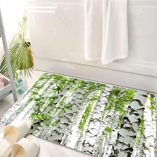 HKPOEQ Badematte Weiche Badteppich rutschfest Badzimmermatte Teppich Badezimmerteppich Duschmatte & Schlafzimmer,Birkenwaldlandschaft, eine dichte Birke mit einzigartiger weißer Rinde und sa,50x80 cm von HKPOEQ