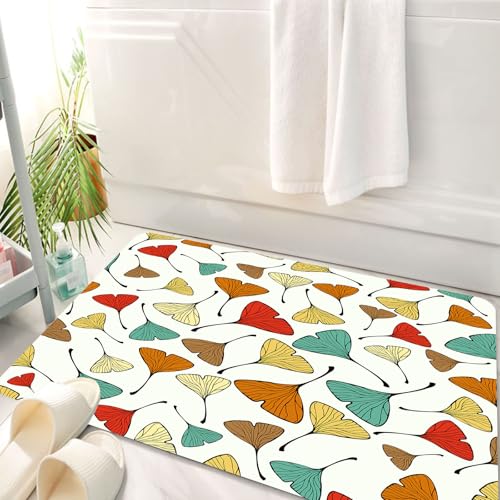 HKPOEQ Badematte Weiche Badteppich rutschfest Badzimmermatte Teppich Badezimmerteppich Duschmatte & Schlafzimmer,Blätter, Skizzenkunst-Stil Ginkgo Biloba Blattmuster in herbstlichen Kräuter,50x80 cm von HKPOEQ