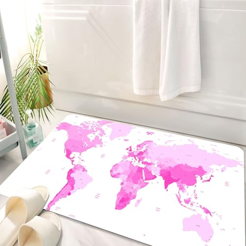 HKPOEQ Badematte Weiche Badteppich rutschfest Badzimmermatte Teppich Badezimmerteppich Duschmatte & Schlafzimmer,Blassrosa, süße Weltkarte Kontinente l Erde Pazifik Atlas Europa Amerika Afri,50x80 cm von HKPOEQ