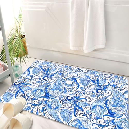 HKPOEQ Badematte Weiche Badteppich rutschfest Badzimmermatte Teppich Badezimmerteppich Duschmatte & Schlafzimmer,Blau-weißes Design, blau-weiße dekorative Formen in komplizierter Nahtloser A,50x80 cm von HKPOEQ