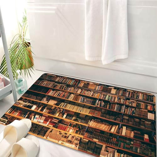 HKPOEQ Badematte Weiche Badteppich rutschfest Badzimmermatte Teppich Badezimmerteppich Duschmatte & Schlafzimmer,Blick auf Regale mit Alten Büchern in der Bibliothek,50x80 cm von HKPOEQ
