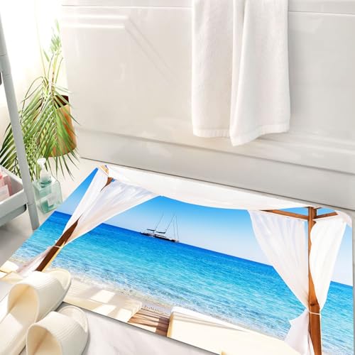 HKPOEQ Badematte Weiche Badteppich rutschfest Badzimmermatte Teppich Badezimmerteppich Duschmatte & Schlafzimmer,Blick auf den wunderschönen Strand durch EIN balinesisches Bett,50x80 cm von HKPOEQ