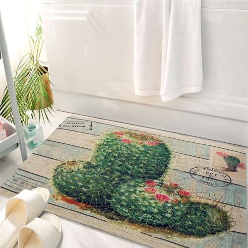 HKPOEQ Badematte Weiche Badteppich rutschfest Badzimmermatte Teppich Badezimmerteppich Duschmatte & Schlafzimmer,Blühender Kaktus auf Hintergrund im Retro-Textur-Canvas-Stil,50x80 cm von HKPOEQ