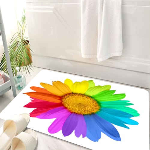 HKPOEQ Badematte Weiche Badteppich rutschfest Badzimmermatte Teppich Badezimmerteppich Duschmatte & Schlafzimmer,Blume, Regenbogenfarbene Sonnenblume oder Gänseblümchen Frühlingsinspiriertes,50x80 cm von HKPOEQ
