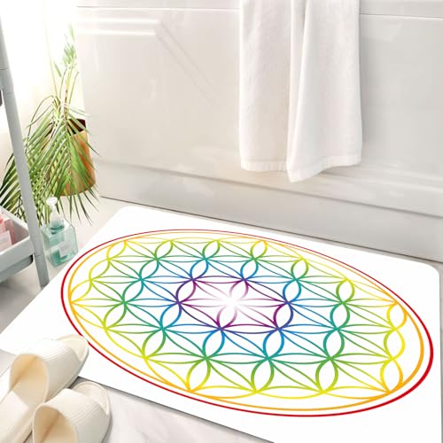 HKPOEQ Badematte Weiche Badteppich rutschfest Badzimmermatte Teppich Badezimmerteppich Duschmatte & Schlafzimmer,Blume des Lebens als sanft leuchtendes, regenbogenfarbenes Symbol der Harmoni,50x80 cm von HKPOEQ