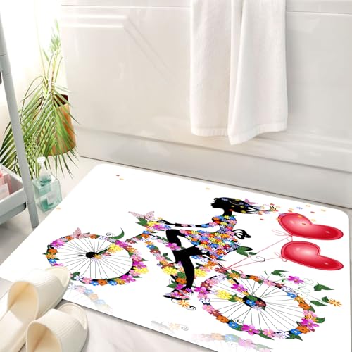 HKPOEQ Badematte Weiche Badteppich rutschfest Badzimmermatte Teppich Badezimmerteppich Duschmatte & Schlafzimmer,Blumen, Blumenmädchen Fahrrad mit Luftballons Valentine Fahrrad Fee Mode Frau,50x80 cm von HKPOEQ