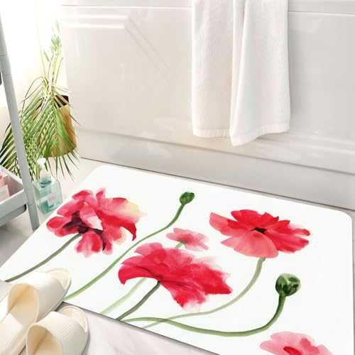 HKPOEQ Badematte Weiche Badteppich rutschfest Badzimmermatte Teppich Badezimmerteppich Duschmatte & Schlafzimmer,Blumen auf Blättern und Blumen an einem sonnigen Tag Anzeige, Exquisite Mohnf,50x80 cm von HKPOEQ
