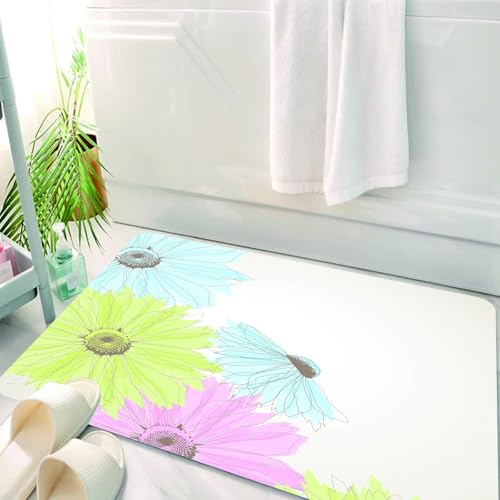 HKPOEQ Badematte Weiche Badteppich rutschfest Badzimmermatte Teppich Badezimmerteppich Duschmatte & Schlafzimmer,Blumenmuster, Exquisite Anordnung hellblauer, grüner und rosa Blumen auf weiß,50x80 cm von HKPOEQ