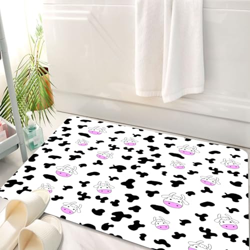 HKPOEQ Badematte Weiche Badteppich rutschfest Badzimmermatte Teppich Badezimmerteppich Duschmatte & Schlafzimmer,Cartoon, süßes rosa Kalb und Schwarze Flecken wiederholen das Design auf weiß,50x80 cm von HKPOEQ