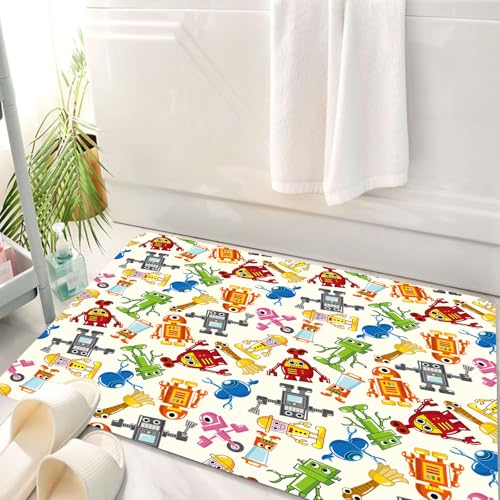 HKPOEQ Badematte Weiche Badteppich rutschfest Badzimmermatte Teppich Badezimmerteppich Duschmatte & Schlafzimmer,Cartoon, wiederholtes Design Einer Reihe bunter Roboter in verschiedenen Form,50x80 cm von HKPOEQ