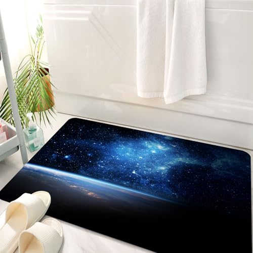 HKPOEQ Badematte Weiche Badteppich rutschfest Badzimmermatte Teppich Badezimmerteppich Duschmatte & Schlafzimmer,Die Erde unter Einer glitzernd blauen Galaxie in den Weiten des Weltraums,50x80 cm von HKPOEQ