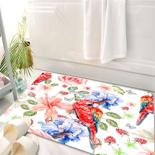 HKPOEQ Badematte Weiche Badteppich rutschfest Badzimmermatte Teppich Badezimmerteppich Duschmatte & Schlafzimmer,Eine Reihe roter Papageien und blühender blau-rosa Blumen erzeugen einen beza,50x80 cm von HKPOEQ