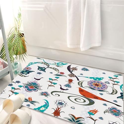 HKPOEQ Badematte Weiche Badteppich rutschfest Badzimmermatte Teppich Badezimmerteppich Duschmatte & Schlafzimmer,Ethnische, Florale Blüten wirbelt Efeu Knospen Vögel Blätter ethnische Bohemi,50x80 cm von HKPOEQ