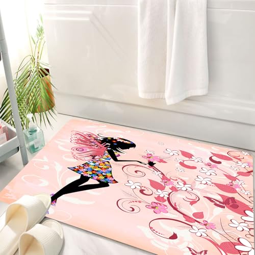 HKPOEQ Badematte Weiche Badteppich rutschfest Badzimmermatte Teppich Badezimmerteppich Duschmatte & Schlafzimmer,Fee Mädchen, rosa Schmetterlinge und Blumen Schönes Mädchen,50x80 cm von HKPOEQ
