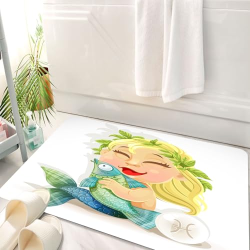 HKPOEQ Badematte Weiche Badteppich rutschfest Badzimmermatte Teppich Badezimmerteppich Duschmatte & Schlafzimmer,Fische-Illustration - EIN lächelndes Mädchen mit Einer Blattkrone umarmt eine,50x80 cm von HKPOEQ