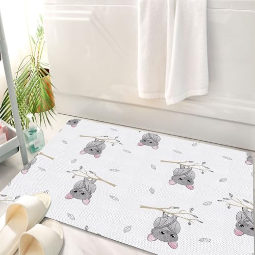 HKPOEQ Badematte Weiche Badteppich rutschfest Badzimmermatte Teppich Badezimmerteppich Duschmatte & Schlafzimmer,Fledermaus-Design, eine Reihe süßer Grauer Fledermäuse mit Blattdekorationen,50x80 cm von HKPOEQ