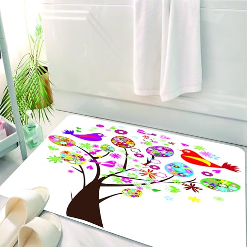 HKPOEQ Badematte Weiche Badteppich rutschfest Badzimmermatte Teppich Badezimmerteppich Duschmatte & Schlafzimmer,Fliegende Vogeldekoration, Baum mit floralen Vogeleiern geschmückt,50x80 cm von HKPOEQ