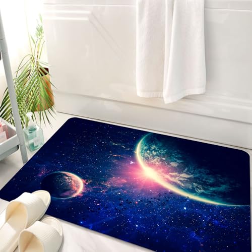 HKPOEQ Badematte Weiche Badteppich rutschfest Badzimmermatte Teppich Badezimmerteppich Duschmatte & Schlafzimmer,Galaxie Weltraumthema Planet Erde und Mars in Space Discovery,50x80 cm von HKPOEQ