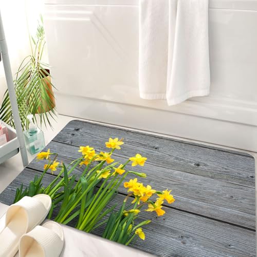 HKPOEQ Badematte Weiche Badteppich rutschfest Badzimmermatte Teppich Badezimmerteppich Duschmatte & Schlafzimmer,Gelbe Blume, Strauß Narzissen auf Holzbrettern im rustikalen Garten,50x80 cm von HKPOEQ