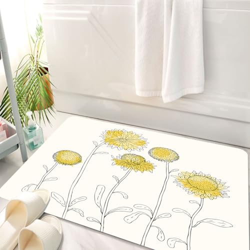 HKPOEQ Badematte Weiche Badteppich rutschfest Badzimmermatte Teppich Badezimmerteppich Duschmatte & Schlafzimmer,Gelbe Blume, handgezeichnete Sonnenblume auf Zweigen Blütenblatt,50x80 cm von HKPOEQ
