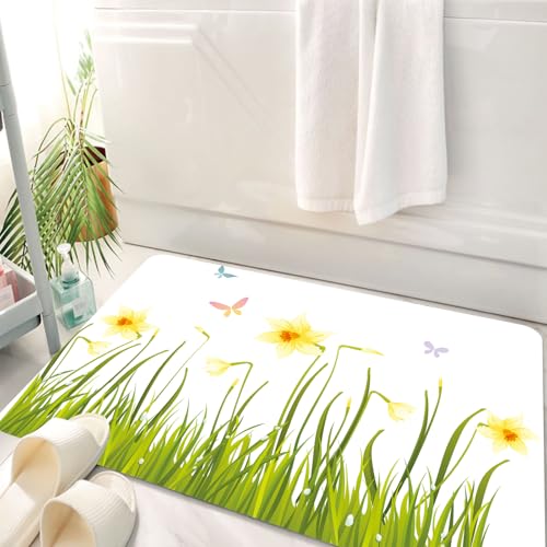 HKPOEQ Badematte Weiche Badteppich rutschfest Badzimmermatte Teppich Badezimmerteppich Duschmatte & Schlafzimmer,Gelbe Narzissen im üppigen Gras, begleitet von bunten Schmetterlingen,50x80 cm von HKPOEQ