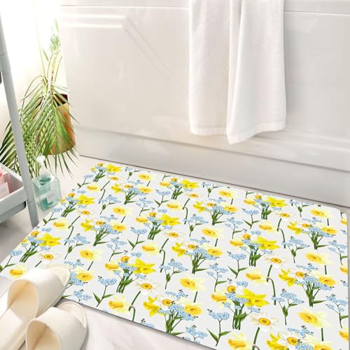 HKPOEQ Badematte Weiche Badteppich rutschfest Badzimmermatte Teppich Badezimmerteppich Duschmatte & Schlafzimmer,Gelbe Narzissen und Blaue Blumen, Wiederholungsmuster auf weißem Hintergrund,50x80 cm von HKPOEQ