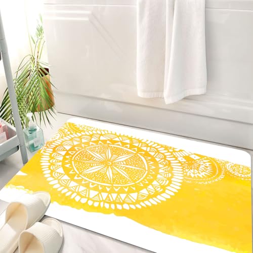 HKPOEQ Badematte Weiche Badteppich rutschfest Badzimmermatte Teppich Badezimmerteppich Duschmatte & Schlafzimmer,Gelbes Set, Mandala-Muster, Kunstwerk, geometrisch, floraler Stil, orientalis,50x80 cm von HKPOEQ